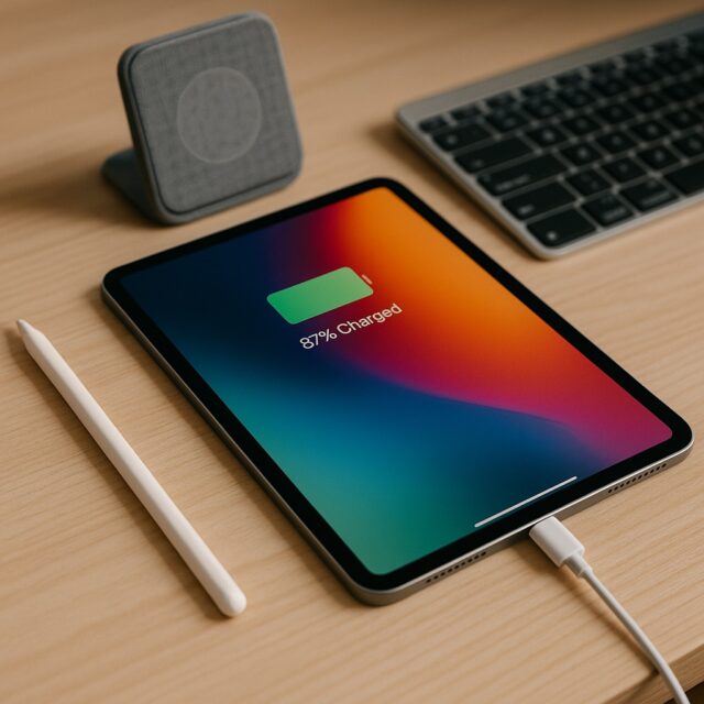 iPad charging on a wooden desk with battery-saving accessories like a smart stand and cooling fan