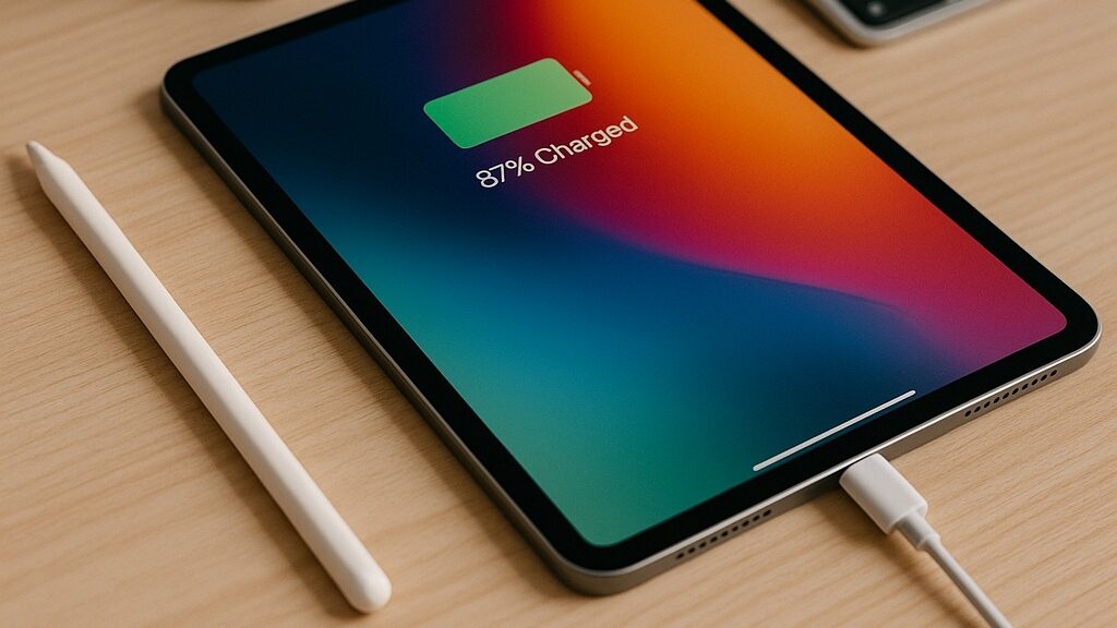 iPad charging on a wooden desk with battery-saving accessories like a smart stand and cooling fan