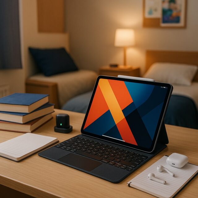 A dorm desk setup showing an iPad with a keyboard case, Apple Pencil, notebook, and earbuds in a tidy college room