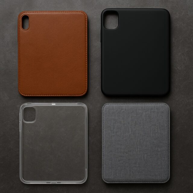A stylish flat lay of four iPad cases made from different materials: brown leather, black silicone, transparent TPU, and a grey fabric finish. Background surface should be neutral stone or dark slate for variety.