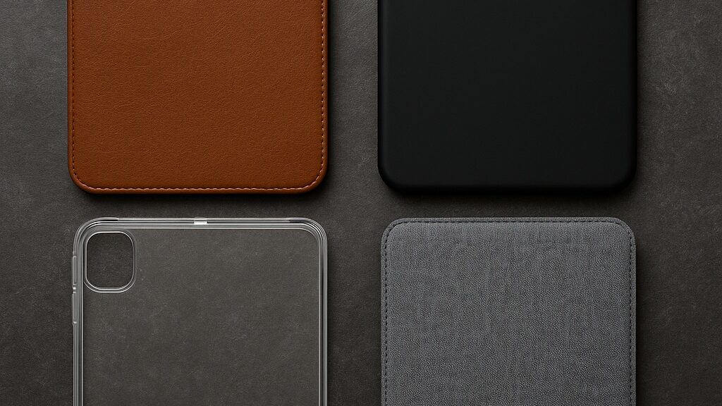 A selection of iPad cases made from leather, silicone, TPU, and fabric laid out on a modern tabletop
