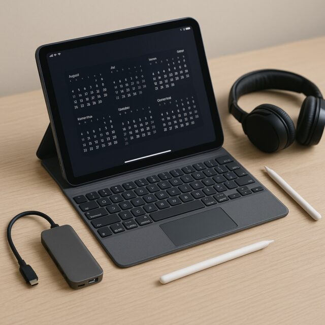 A remote worker using an iPad with a keyboard, stand, and stylus on a clean home office desk setup
