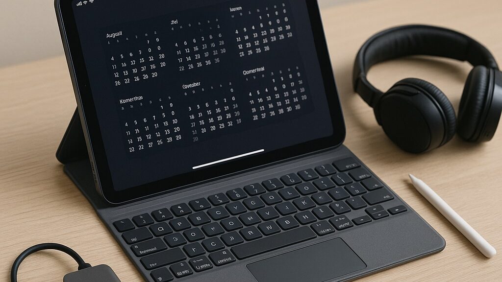 A remote worker using an iPad with a keyboard, stand, and stylus on a clean home office desk setup