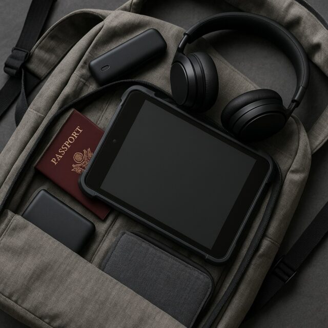 A traveler’s backpack open with an iPad secured in a rugged slim protective case alongside travel essentials like passport, power bank, and noise-canceling headphones