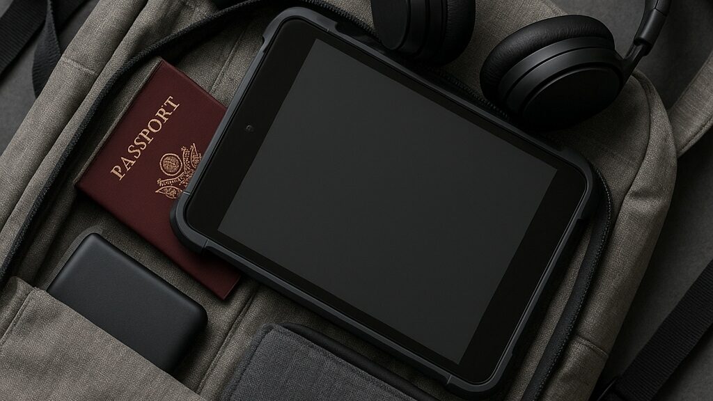 A traveler’s backpack open with an iPad secured in a rugged slim protective case alongside travel essentials like passport, power bank, and noise-canceling headphones