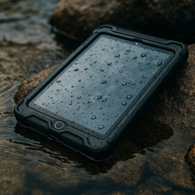 A rugged waterproof iPad case partially submerged in water with droplets on the screen, resting on a rocky outdoor surface