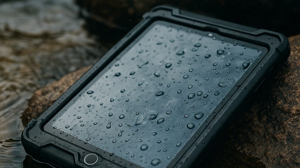 A rugged waterproof iPad case partially submerged in water with droplets on the screen, resting on a rocky outdoor surface