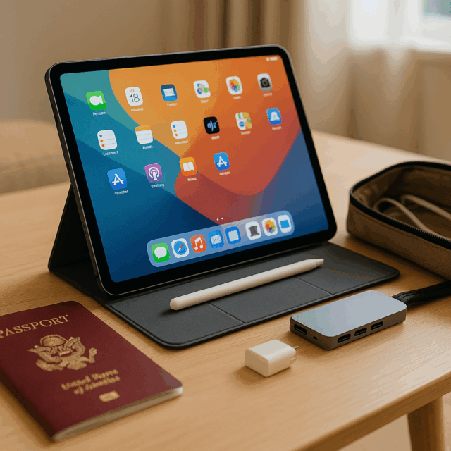 iPad travel accessories on table with protective case and stylus