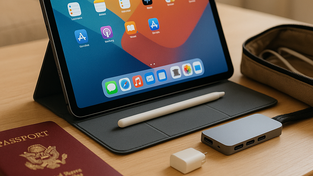 iPad travel accessories on table with protective case and stylus